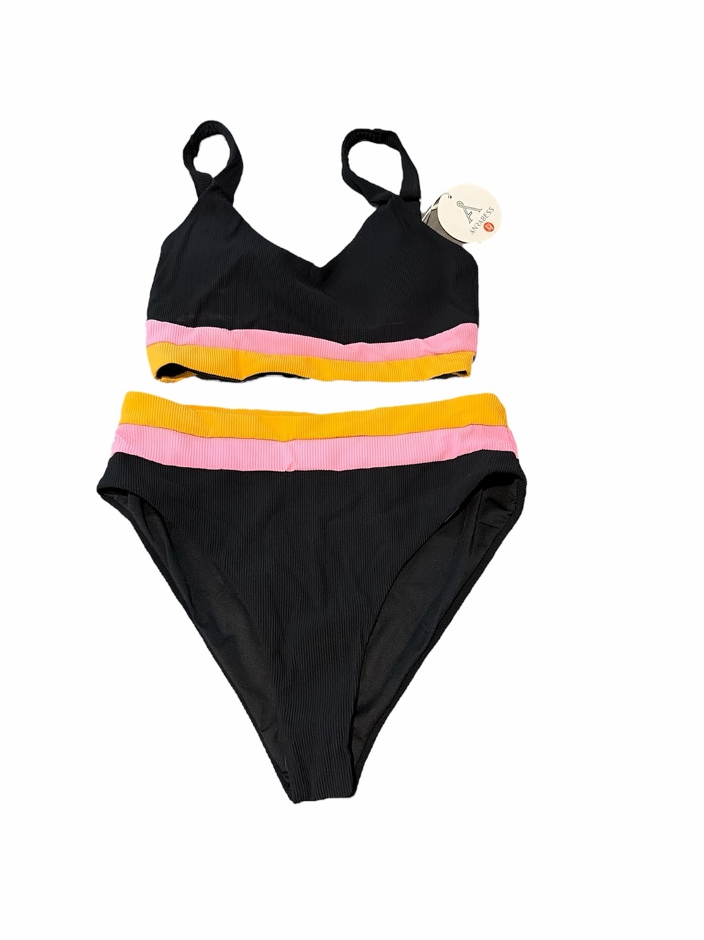 Woman’s Black Two-Piece Swim Set with Pink and Yellow Trim